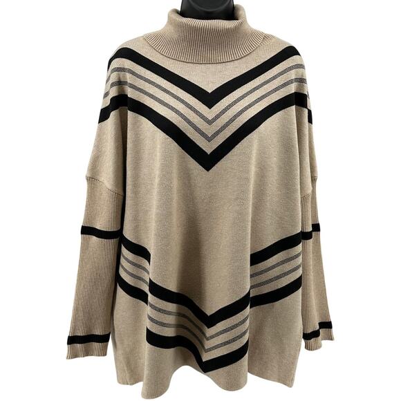 Autumn Skye Sweater M Tan Black Pullover Turtleneck Batwing Long Sleeve Oversize - Picture 1 of 7